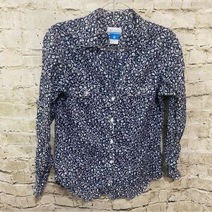Columbia Blue White Floral Cotton V Neck Tab Roll Sleeve Button Up Top